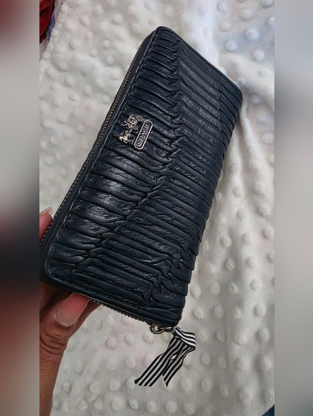 Coach Black Ruched Leather Zip Wallet with Silver Hardware